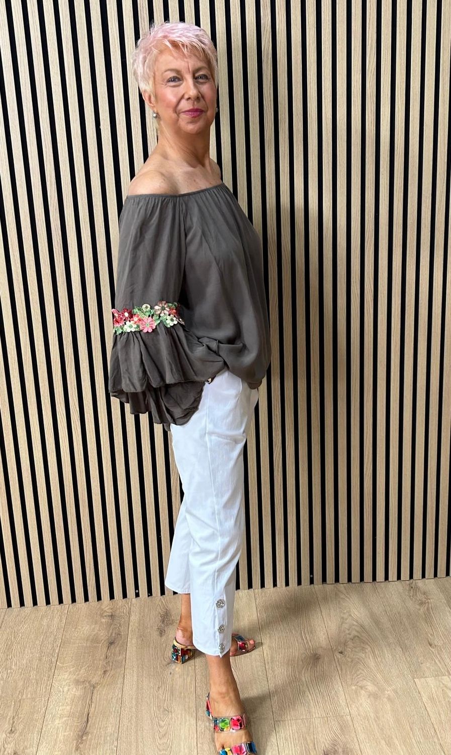 Floral Embroidered Bardot Top ~ Brown