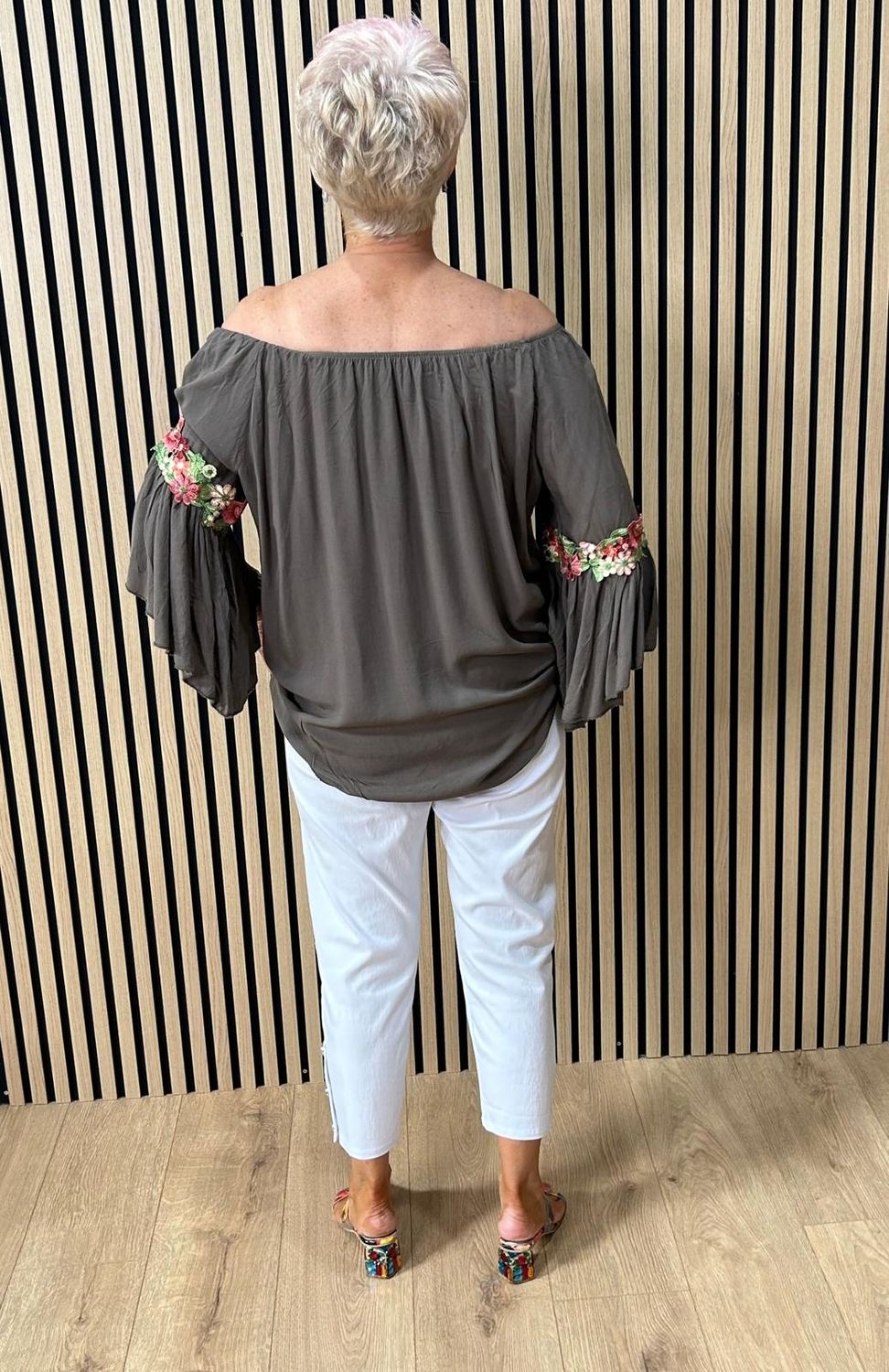 Floral Embroidered Bardot Top ~ Brown