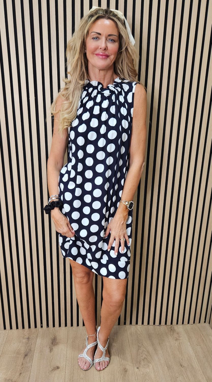Spot Print Tie Neck Midi Dress ~ Navy