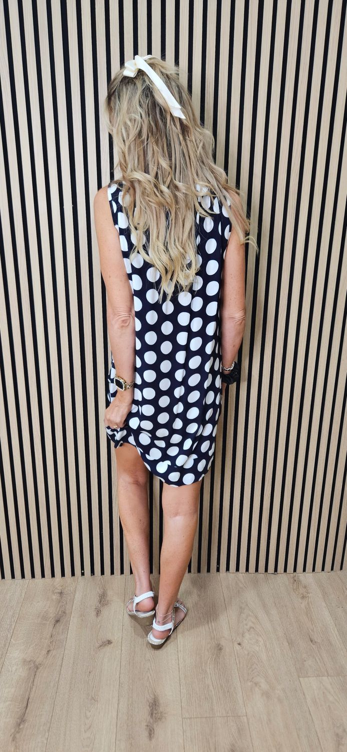 Spot Print Tie Neck Midi Dress ~ Navy