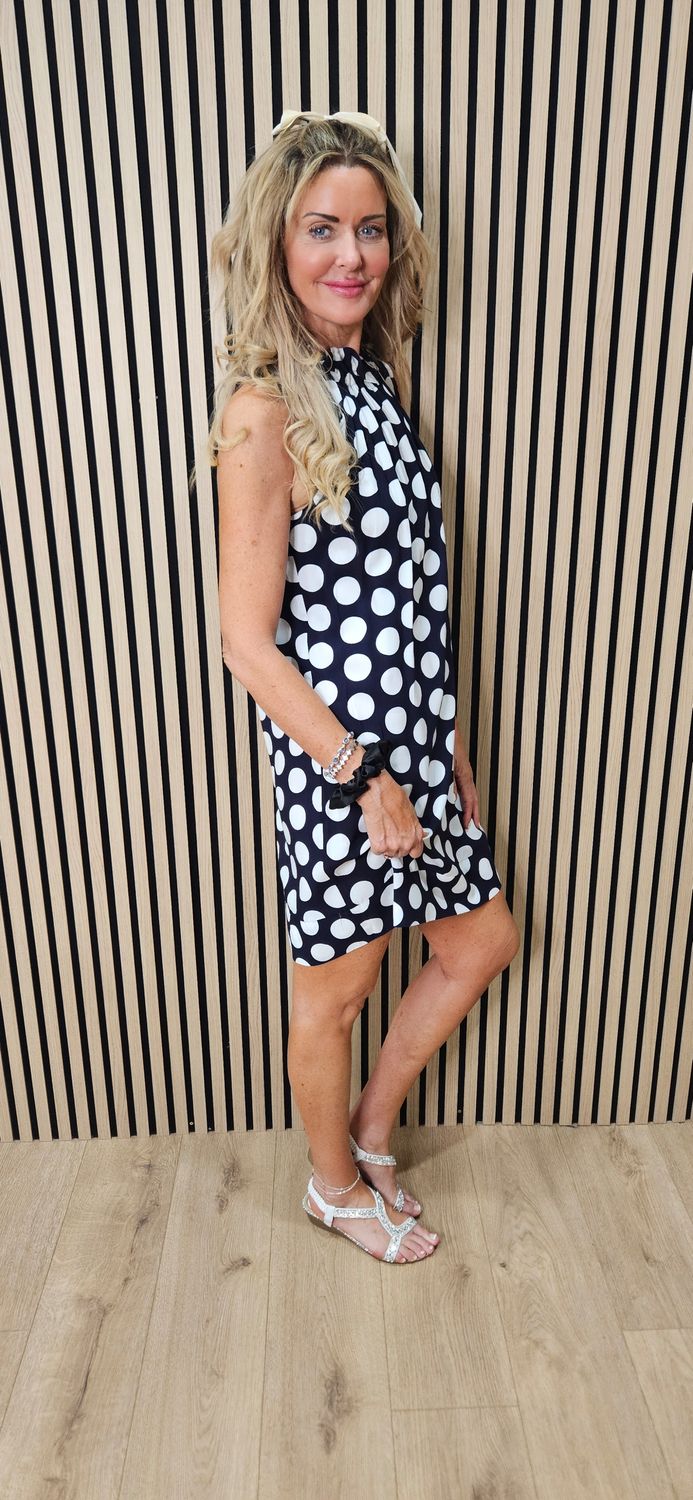 Spot Print Tie Neck Midi Dress ~ Navy