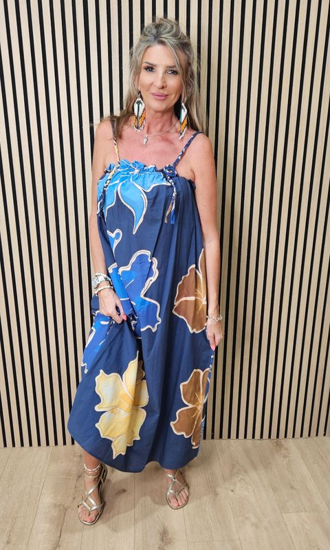 Floral Strap Cotton Maxi Dress ~ Navy/Blue