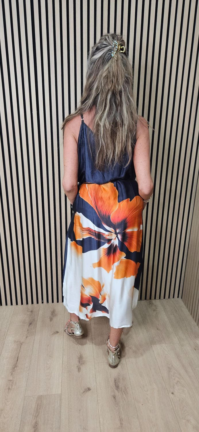 Abstract Floral Slip Dress ~ Navy/Orange 