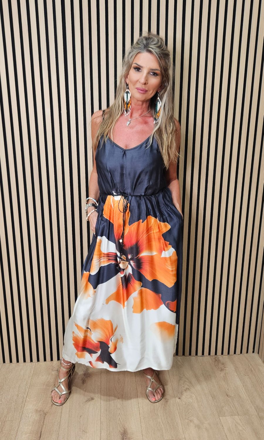 Abstract Floral Slip Dress ~ Navy/Orange 