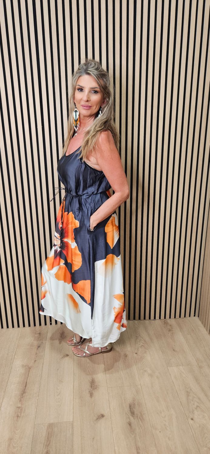 Abstract Floral Slip Dress ~ Navy/Orange 
