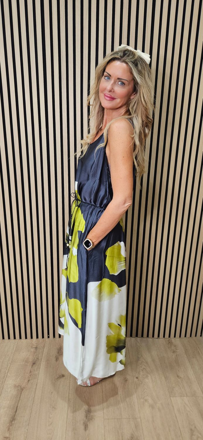 Abstract Floral Slip Dress ~ Lime green/Navy