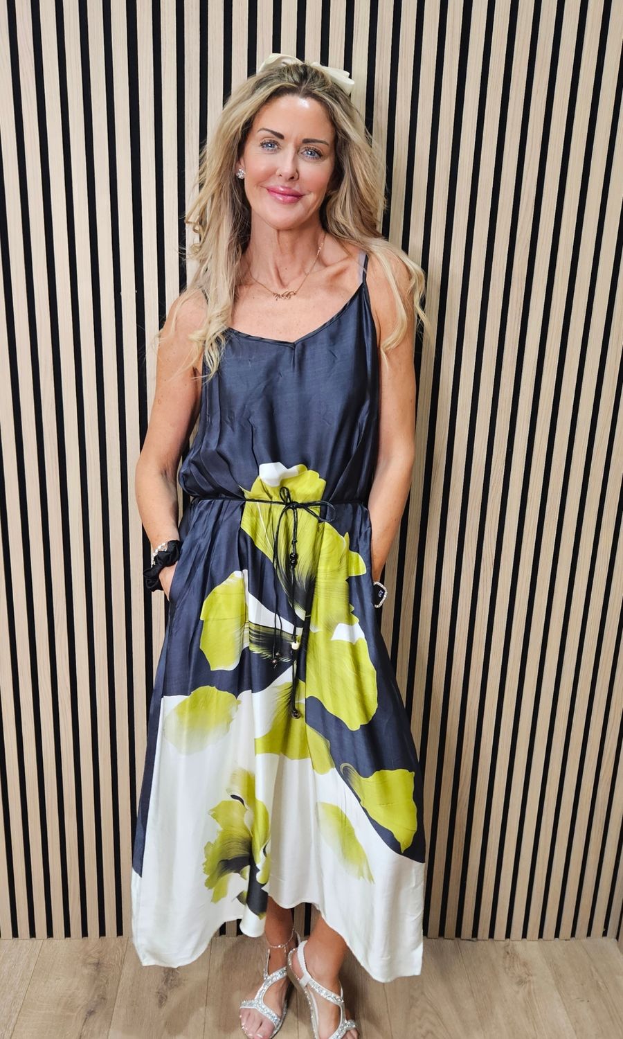 Abstract Floral Slip Dress ~ Lime green/Navy