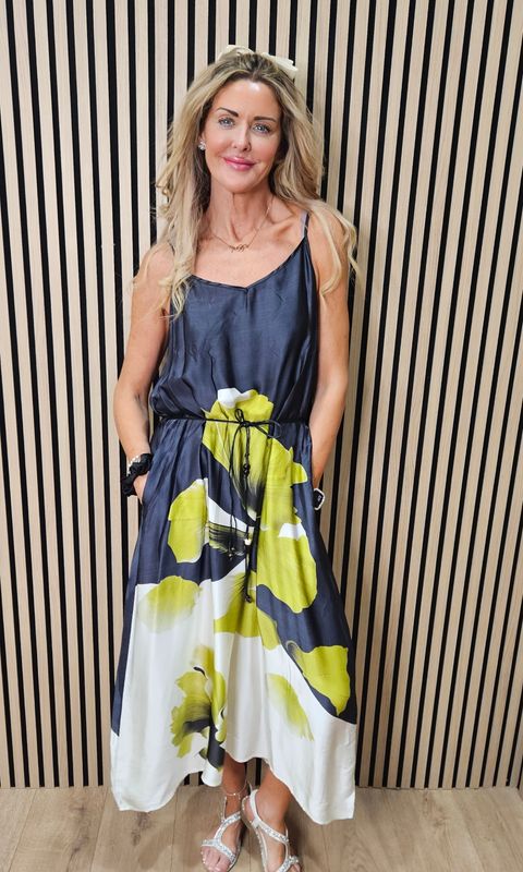 Abstract Floral Slip Dress ~ Lime green/Navy