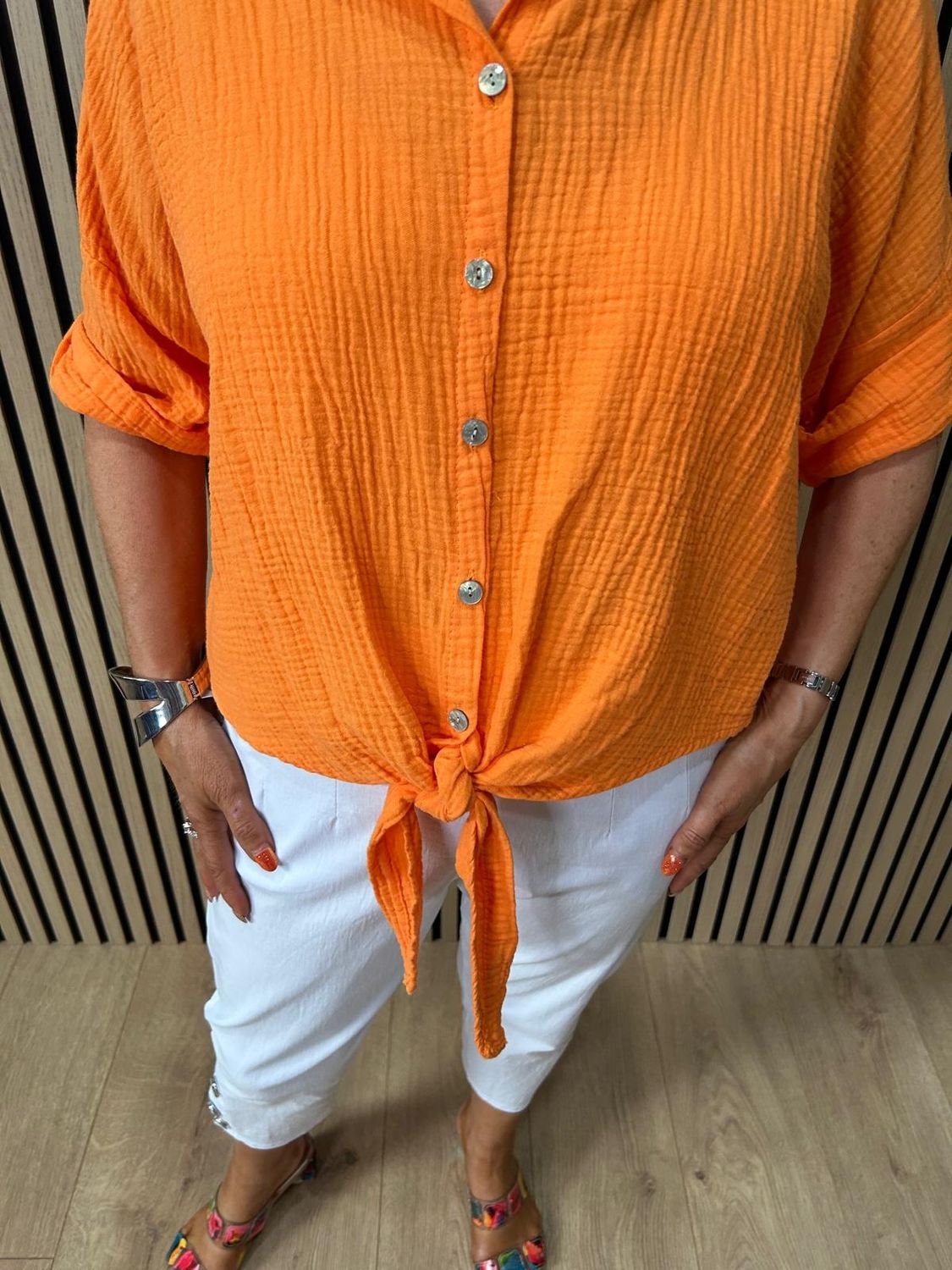 Cotton Tie Front Shirt ~ Orange