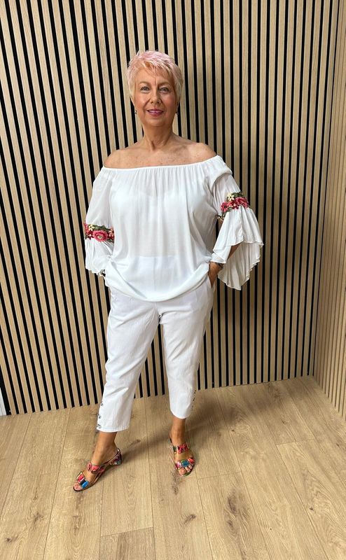 Floral Embroidered Bardot Top ~ White
