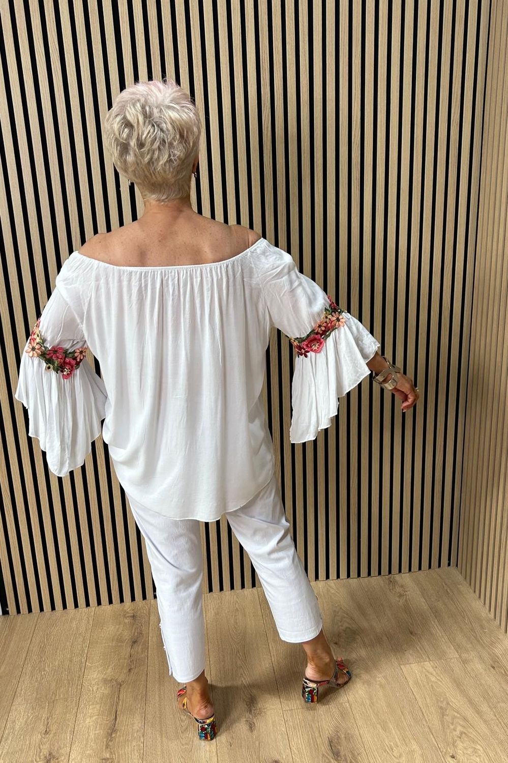 Floral Embroidered Bardot Top ~ White