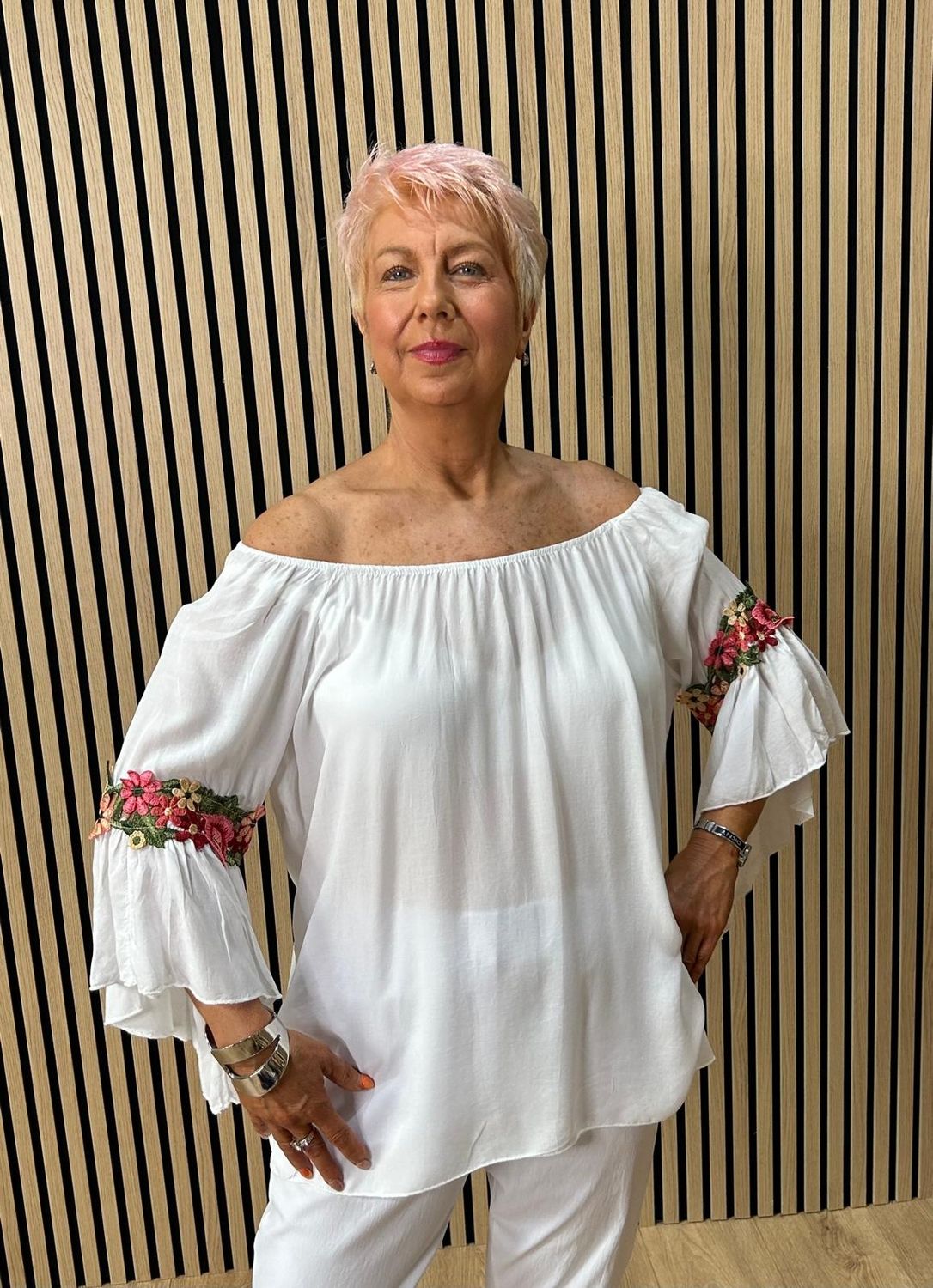 Floral Embroidered Bardot Top ~ White