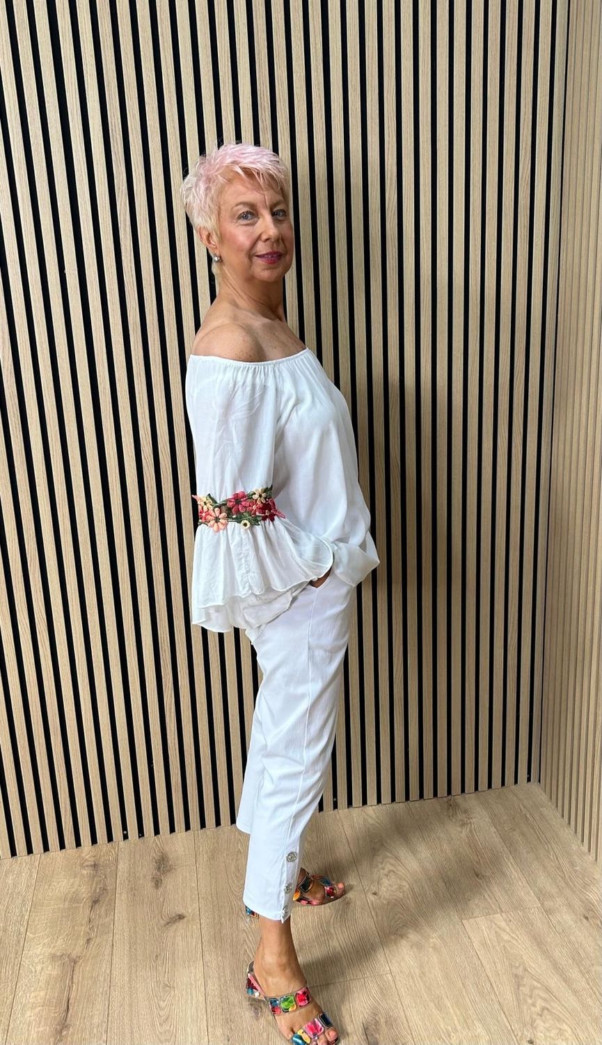 Floral Embroidered Bardot Top ~ White
