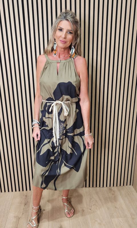 Abstract Floral Maxi Dress ~Khaki/Black