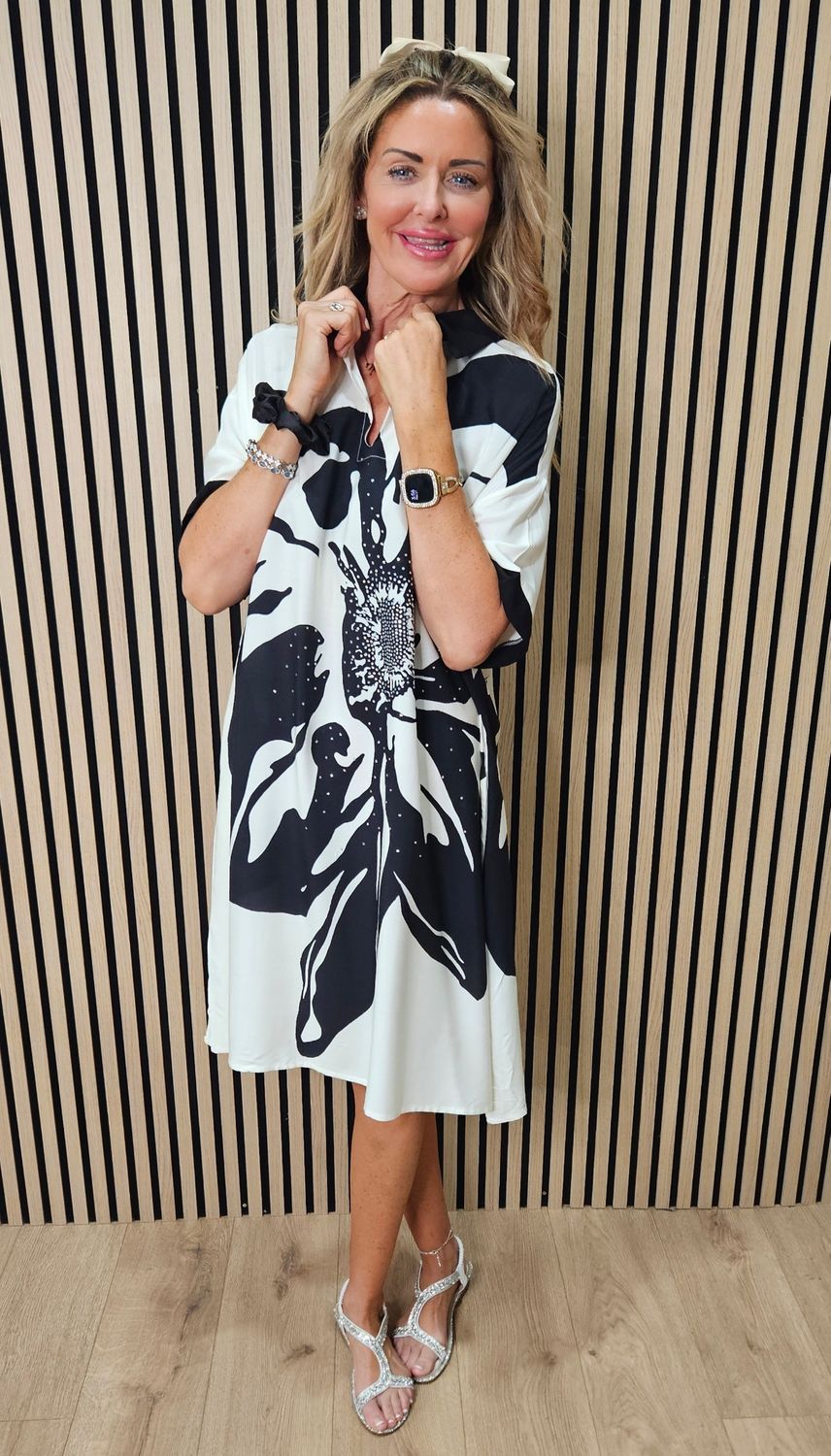 Monochrome Floral Diamanté Dress