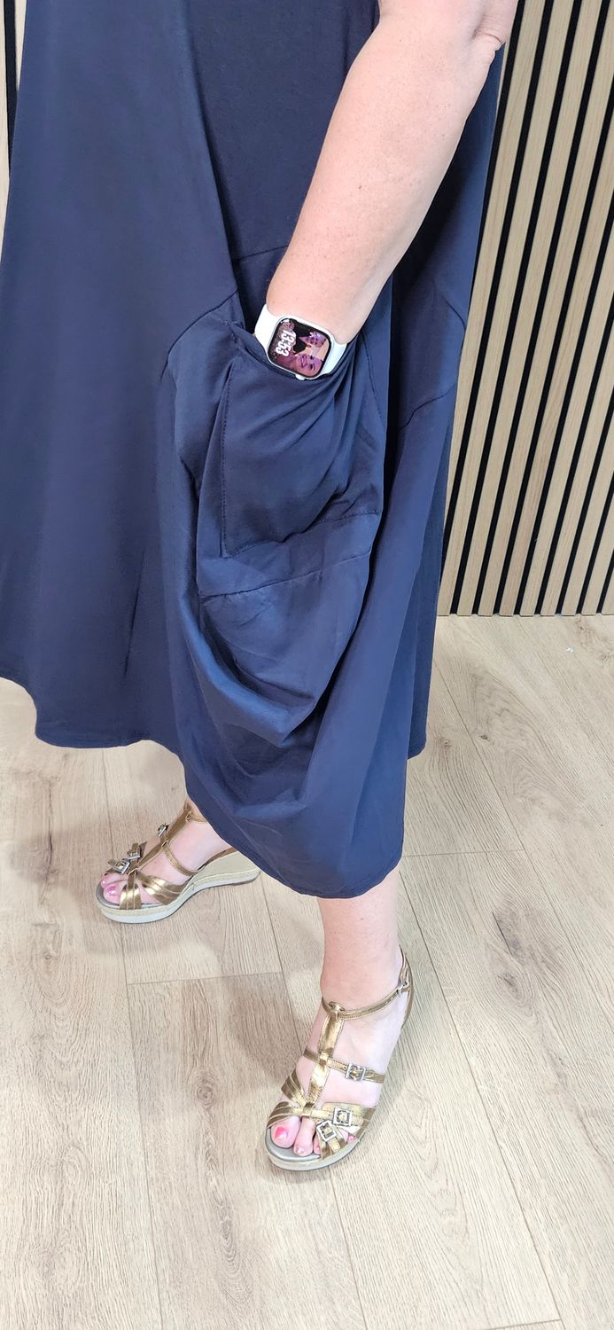 Cotton Pocket Detail Cocoon Dress – Navy