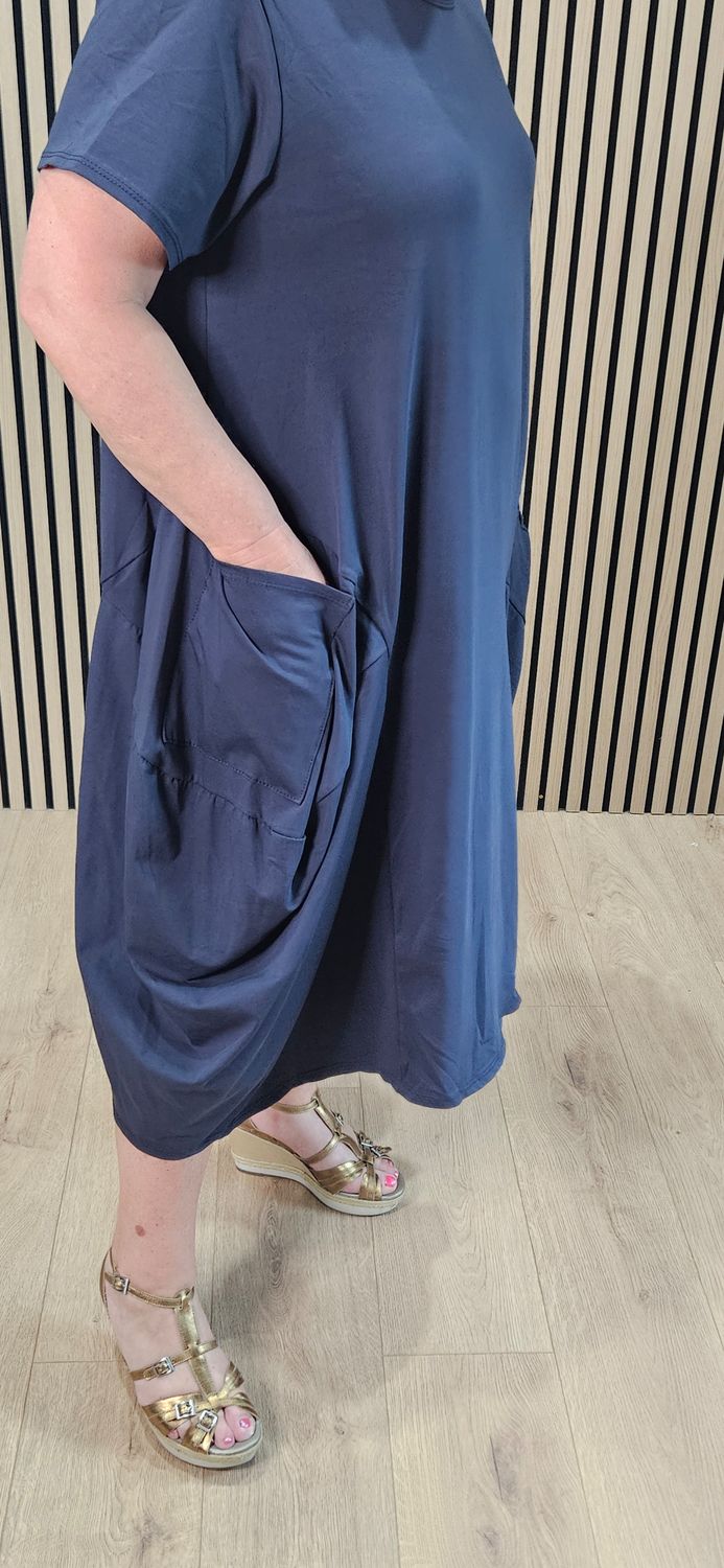Cotton Pocket Detail Cocoon Dress – Navy
