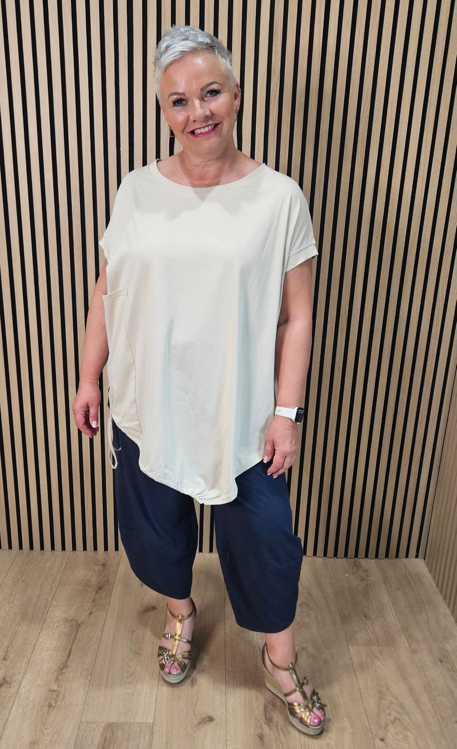 Adjustable Tie Hem Cotton Top – Beige