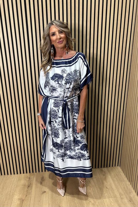 Safari Print Belted Maxi Dress ~ Navy