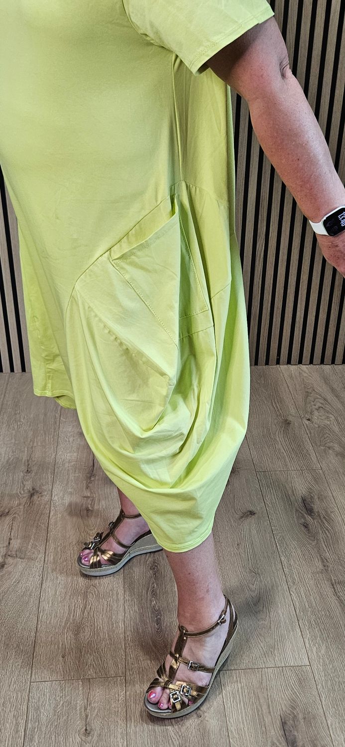 Cotton Pocket Detail Cocoon Dress – Lime