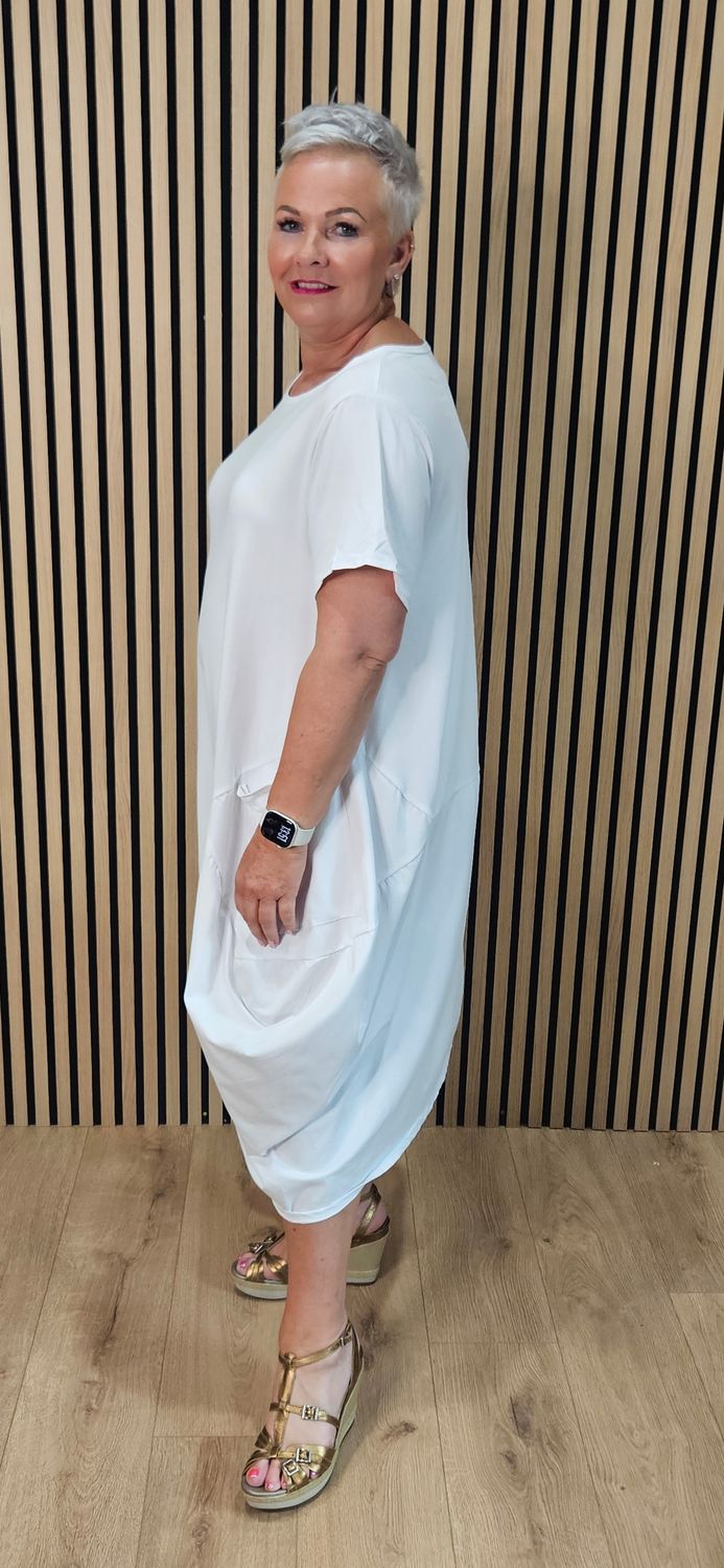 Cotton Pocket Detail Cocoon Dress – White