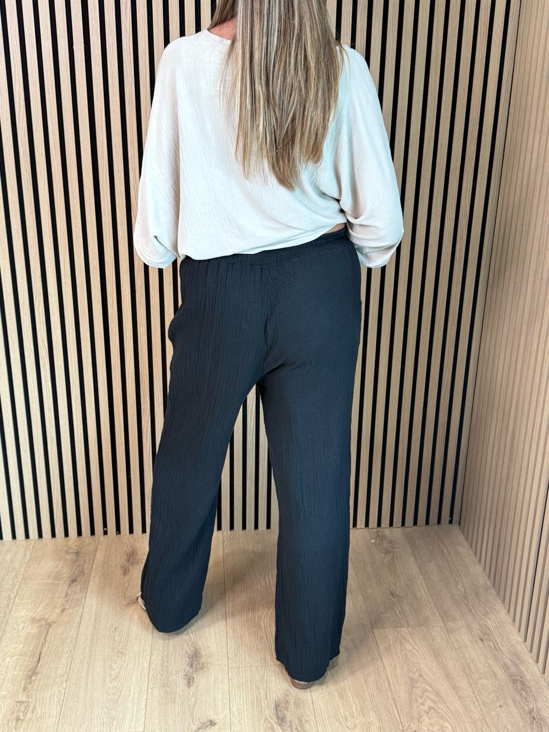 Cotton Crinkle Wide Leg Trousers - Black