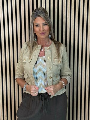Military Style Denim Jacket - Stone
