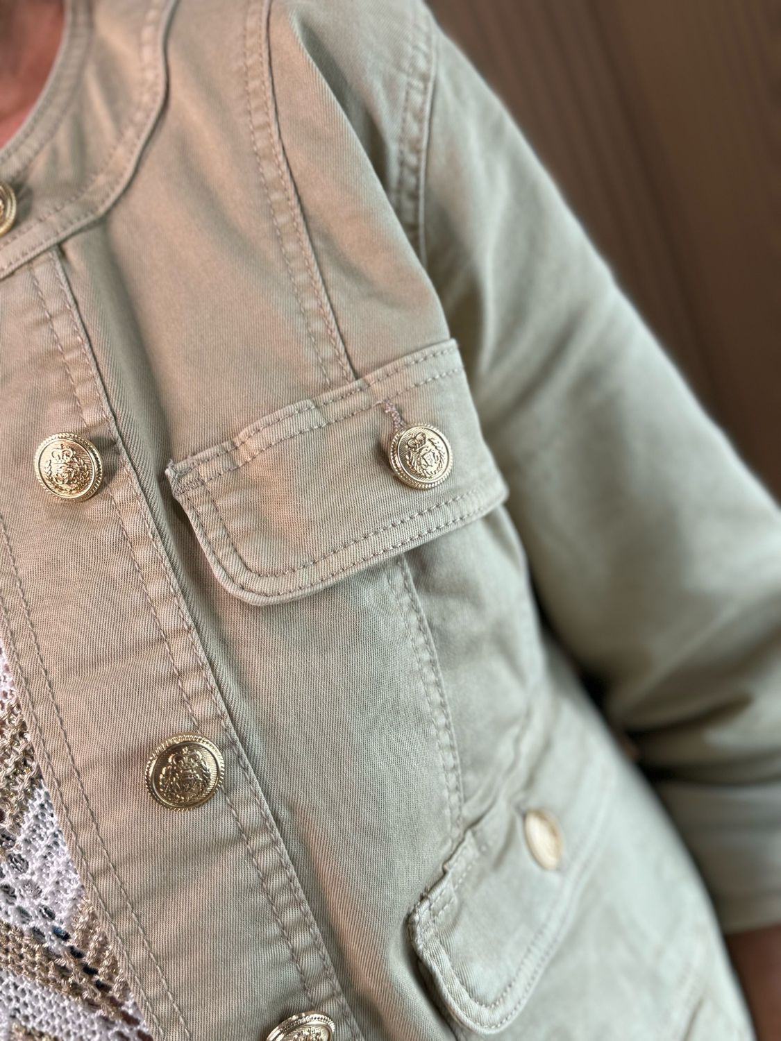Military Style Denim Jacket - Stone