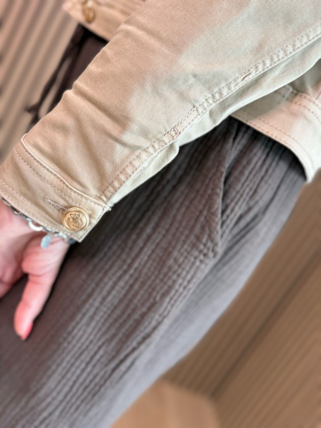 Military Style Denim Jacket - Stone