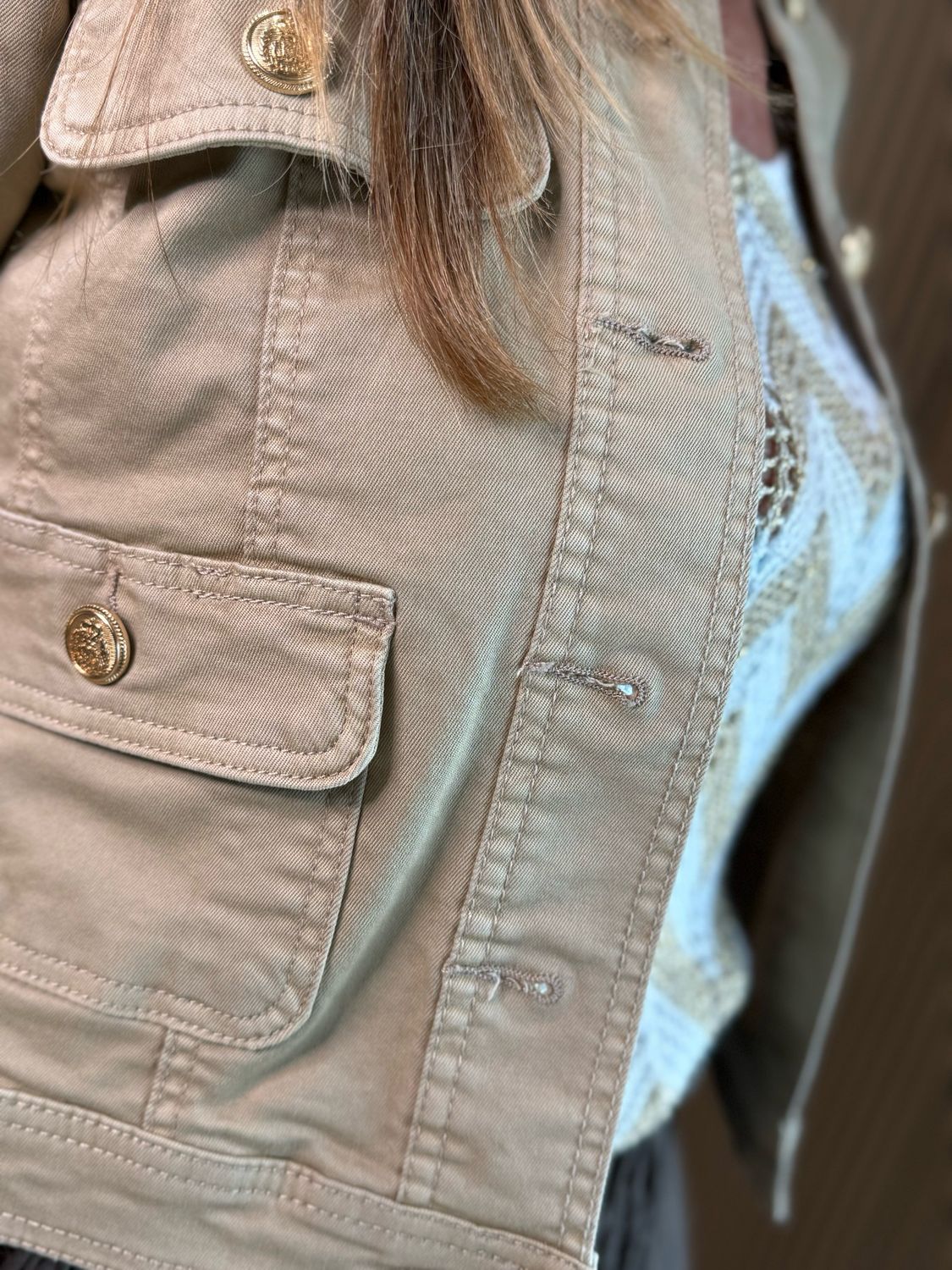 Military Style Denim Jacket - Stone