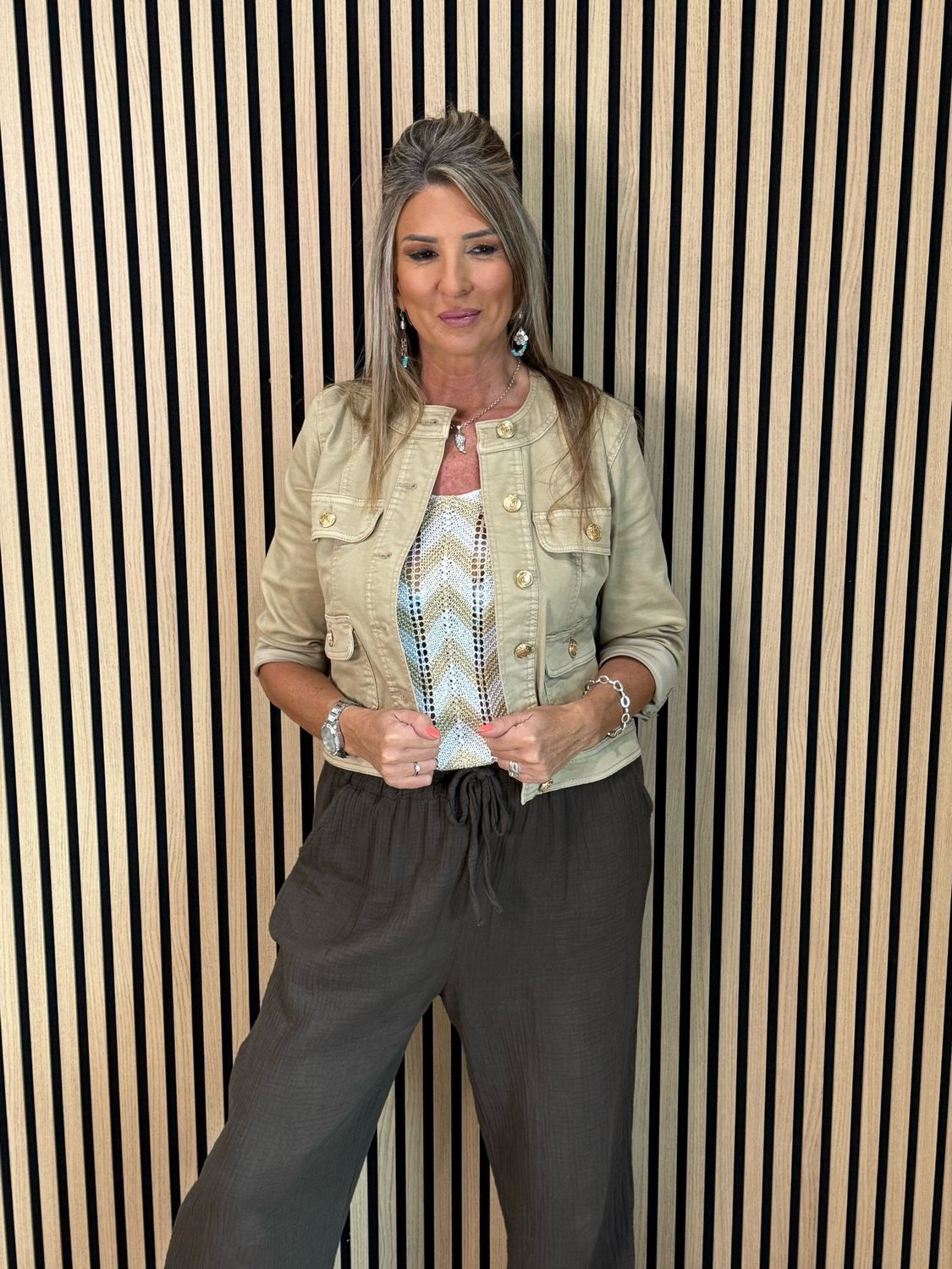 Military Style Denim Jacket - Stone