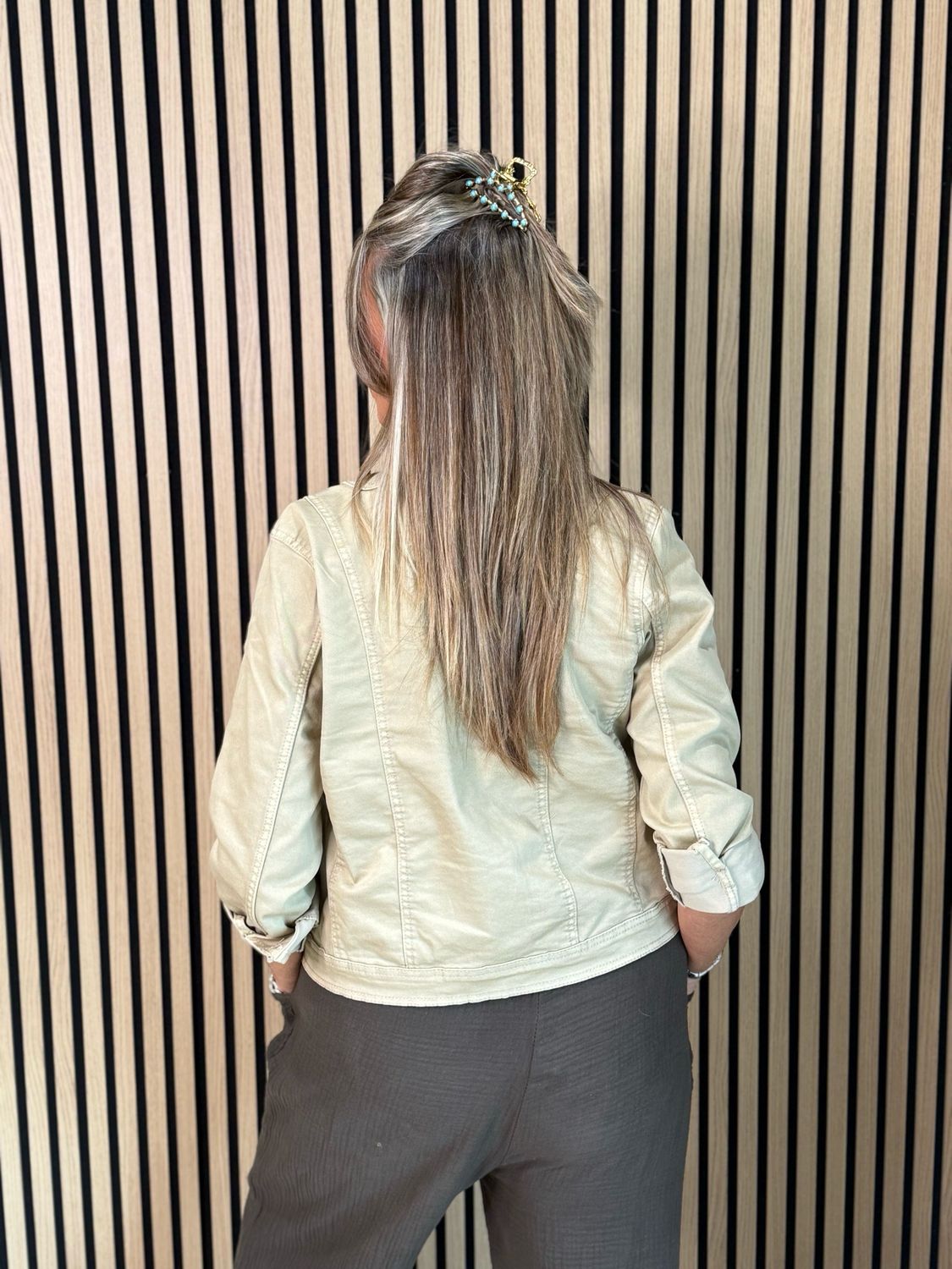 Military Style Denim Jacket - Stone