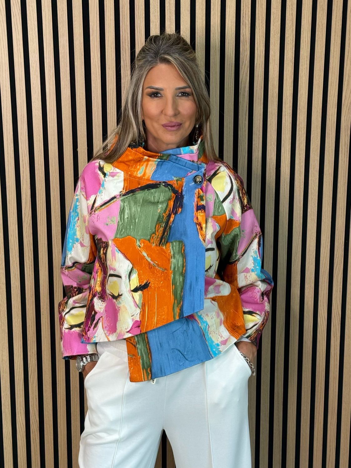 Abstract Print Statement Jacket - Multi Blue/Orange/Pink