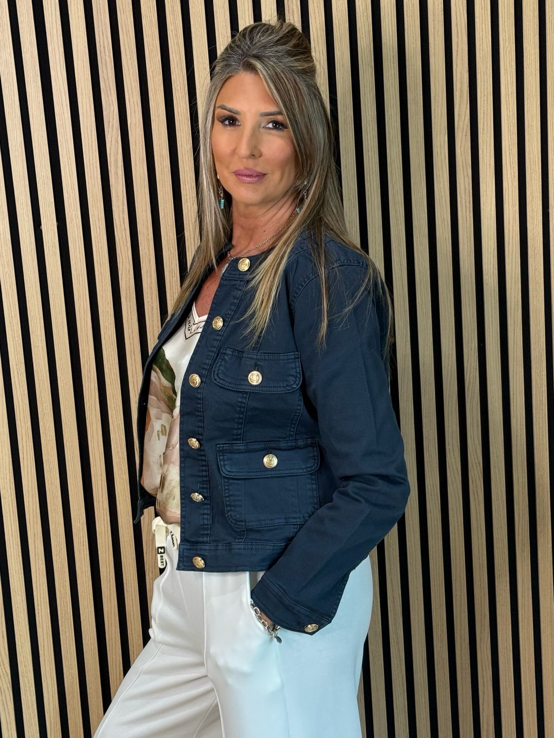 Military Style Denim Jacket - Navy