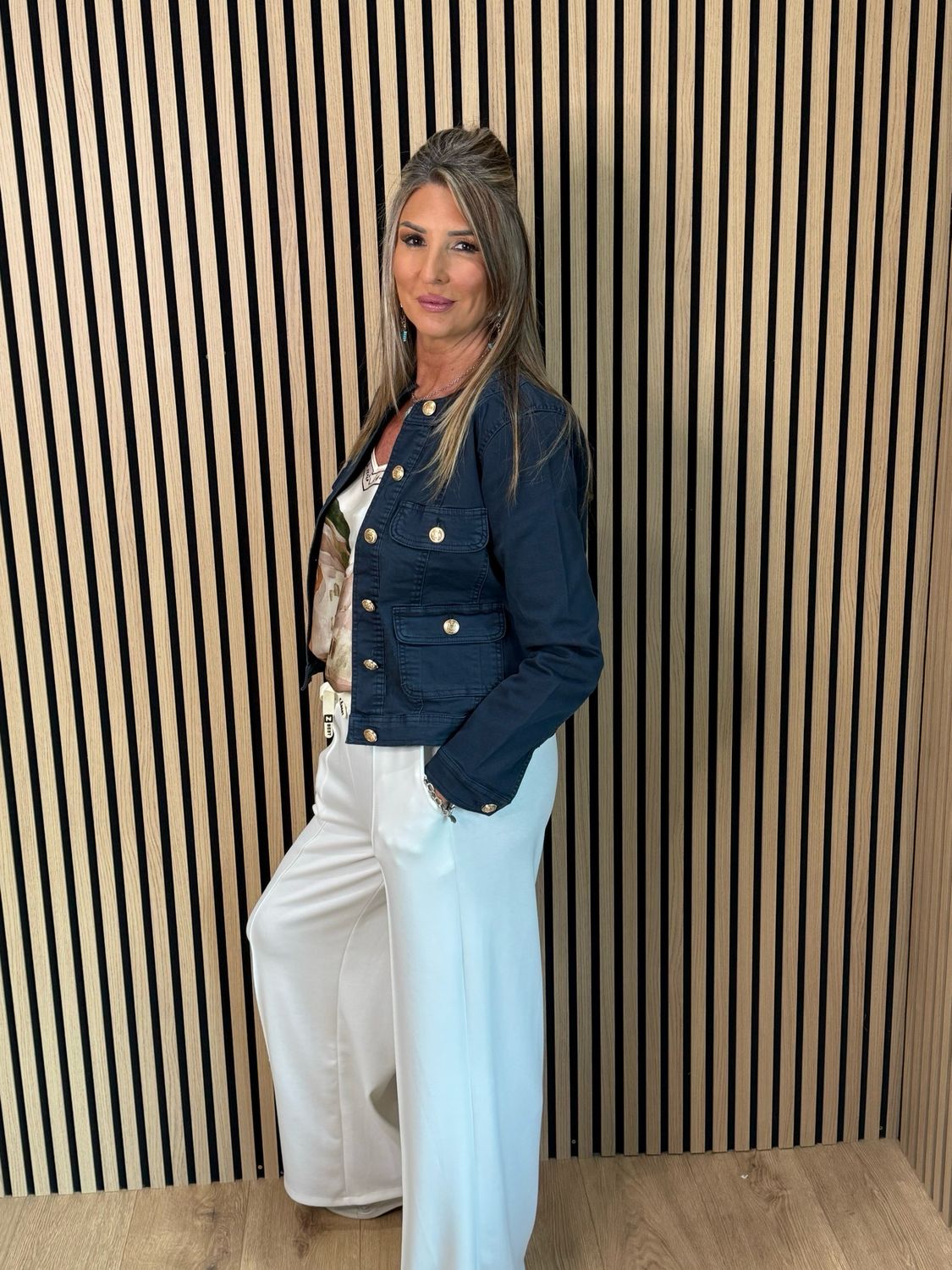 Military Style Denim Jacket - Navy