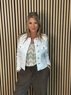 Military Style Denim Jacket - White
