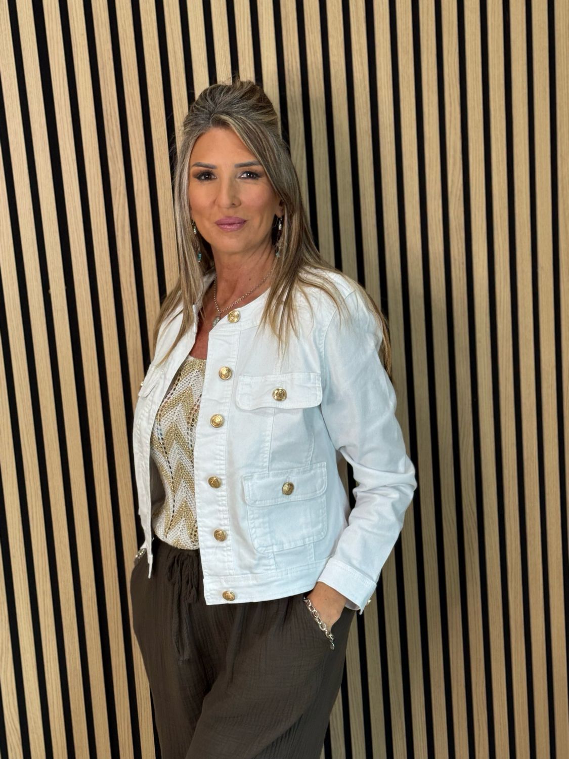 Military Style Denim Jacket - White