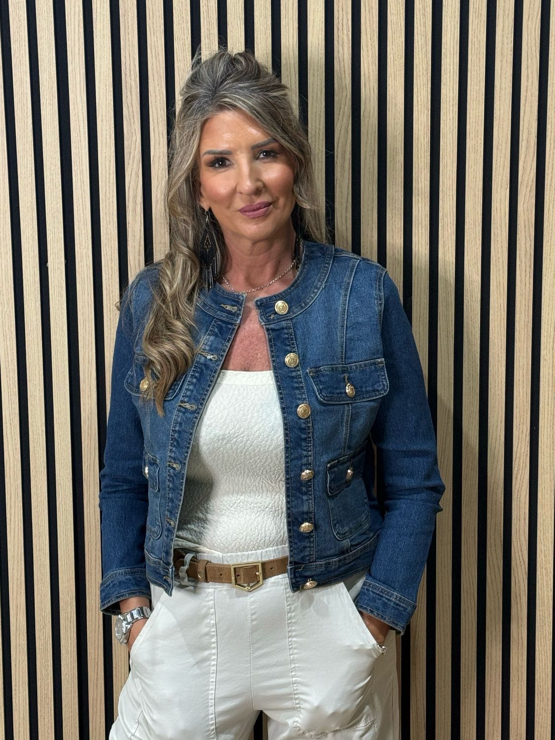 Military Style Denim Jacket - Denim Blue