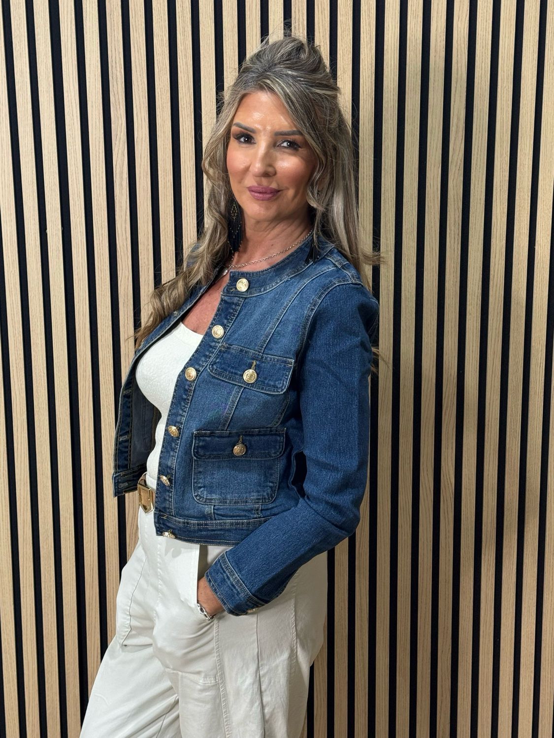 Military Style Denim Jacket - Denim Blue