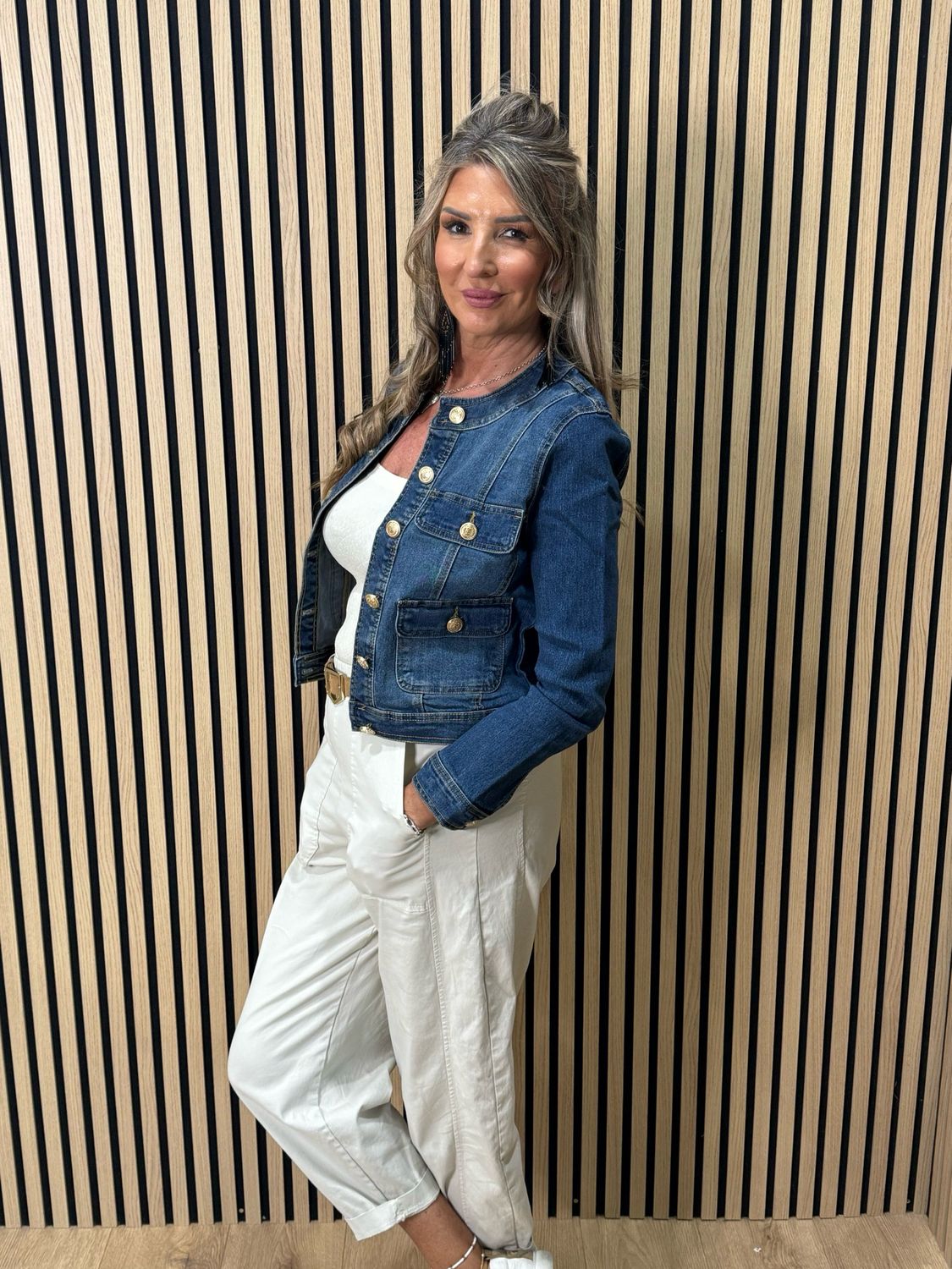 Military Style Denim Jacket - Denim Blue