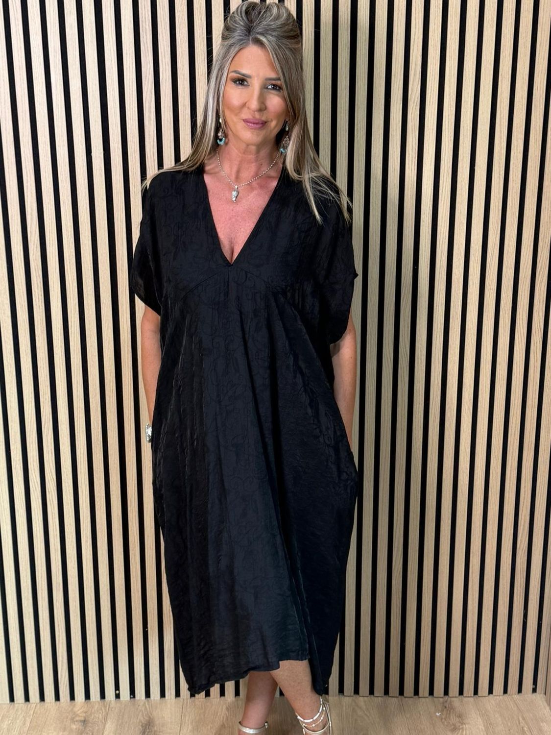 Textured V-Neck Dress – Black