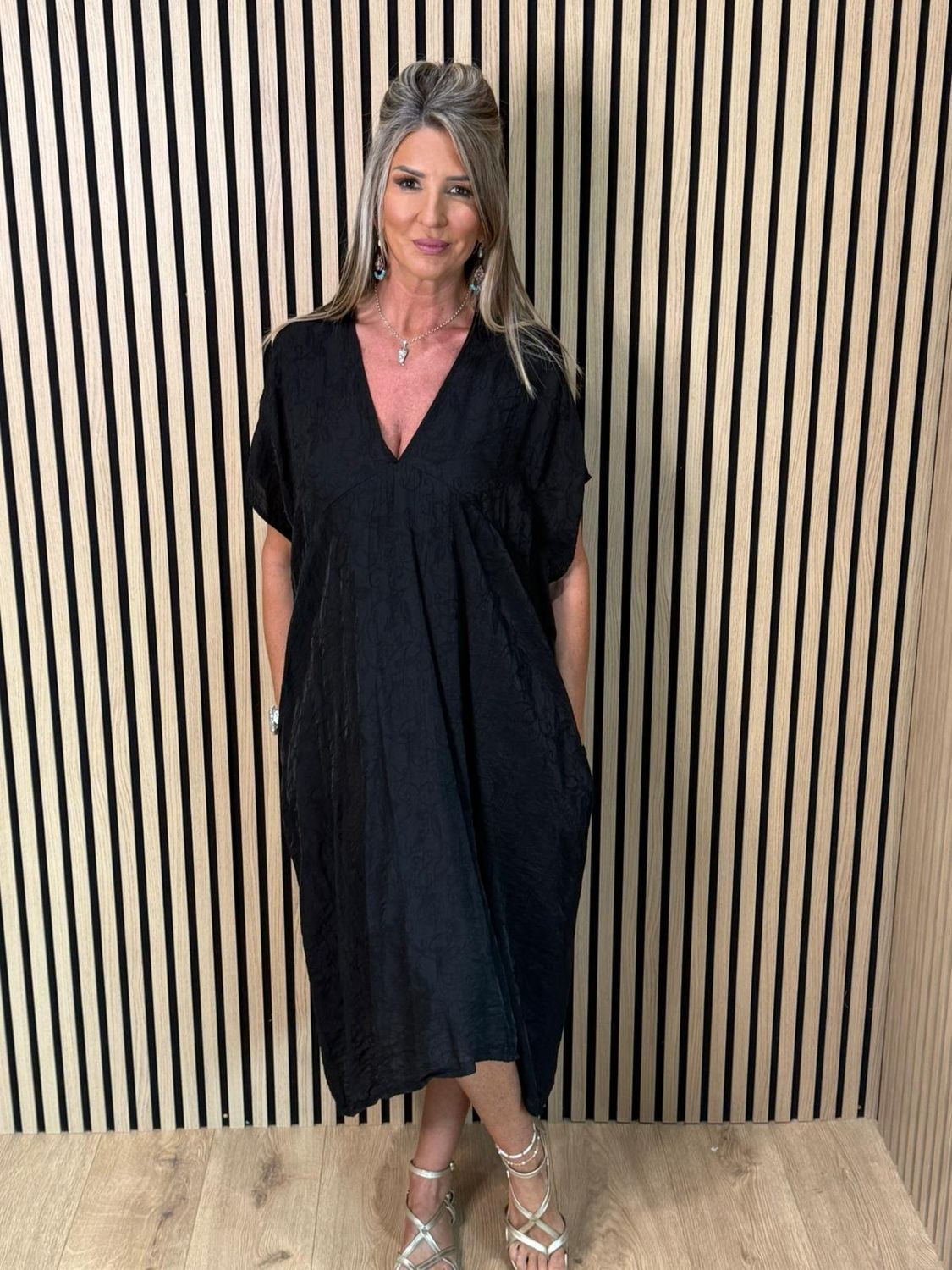 Textured V-Neck Dress – Black