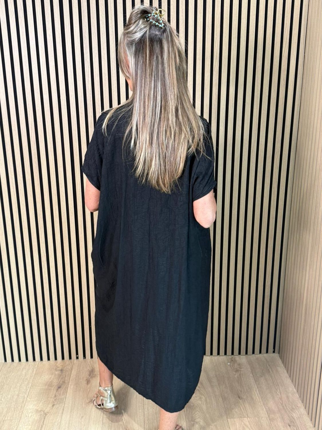 Textured V-Neck Dress – Black