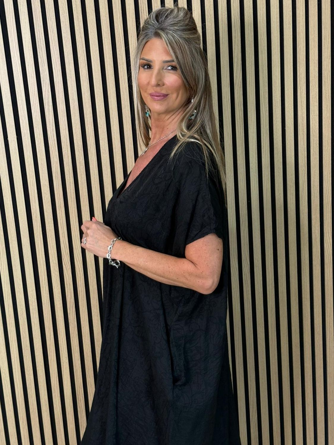 Textured V-Neck Dress – Black
