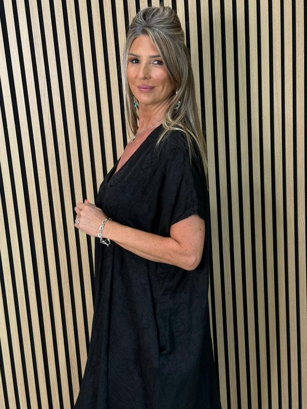 Textured V-Neck Dress – Black