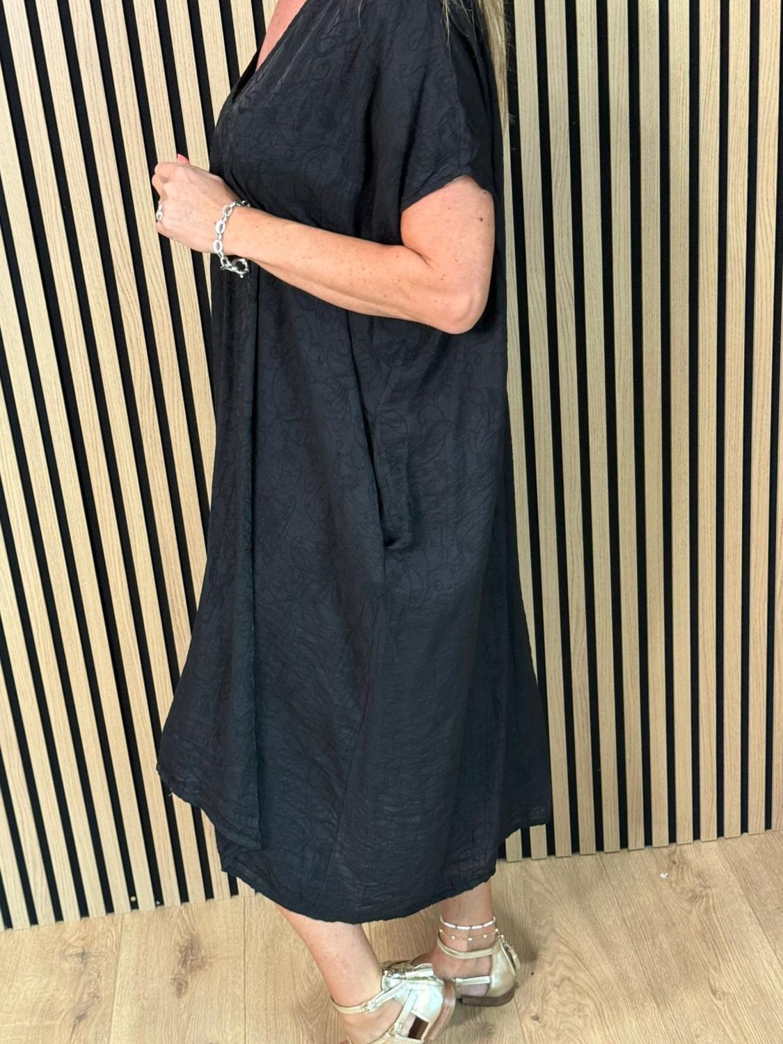 Textured V-Neck Dress – Black