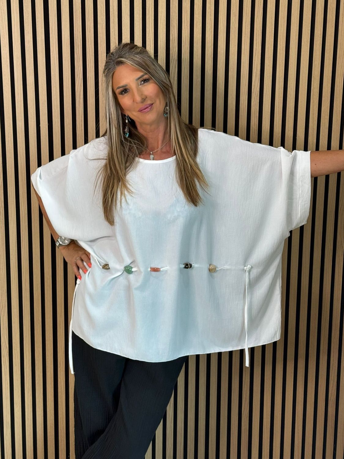 Beaded Detail Tie- Top – White