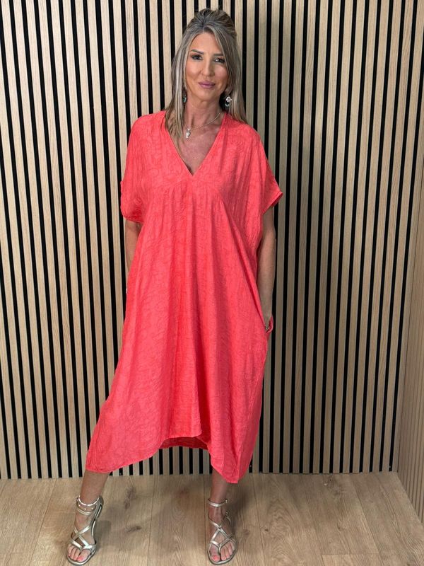 Textured V-Neck Dress – Coral