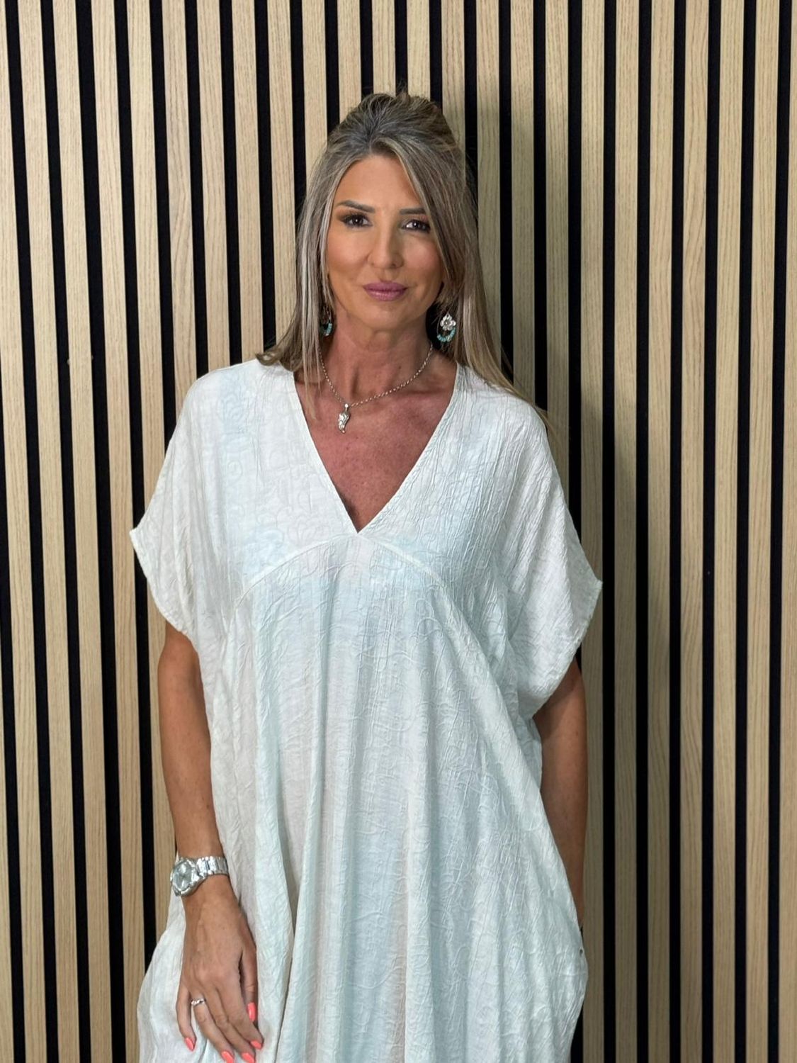 Textured V-Neck Dress – Stone