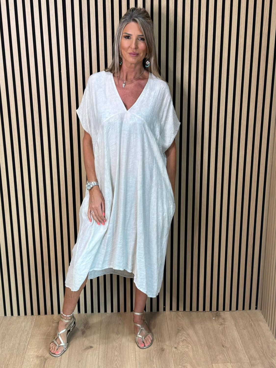 Textured V-Neck Dress – Stone